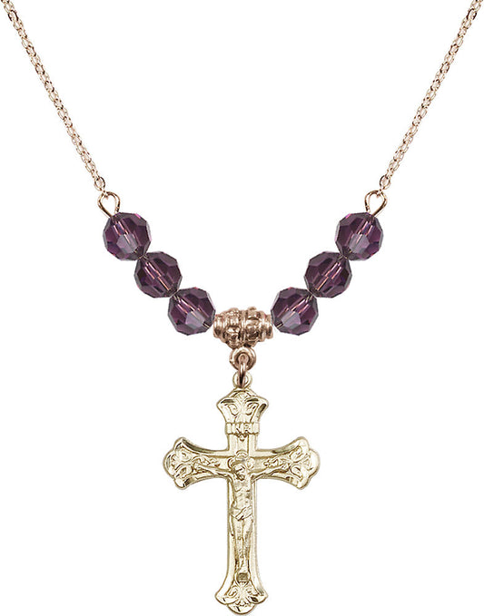 14kt Gold Filled Crucifix Birthstone Necklace with Amethyst Beads - 0622