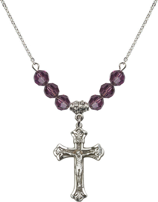 Sterling Silver Crucifix Birthstone Necklace with Amethyst Beads - 0622