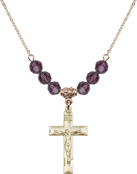 14kt Gold Filled Crucifix Birthstone Necklace with Amethyst Beads - 0624