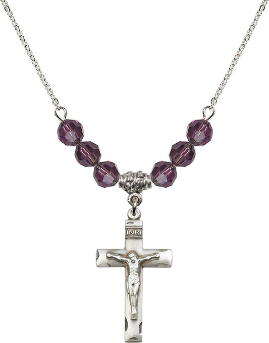 Sterling Silver Crucifix Birthstone Necklace with Amethyst Beads - 0624