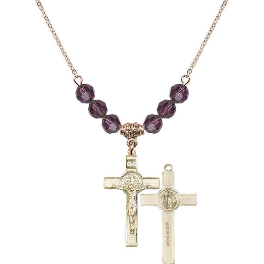 14kt Gold Filled Saint Benedict Crucifix Birthstone Necklace with Amethyst Beads - 0625