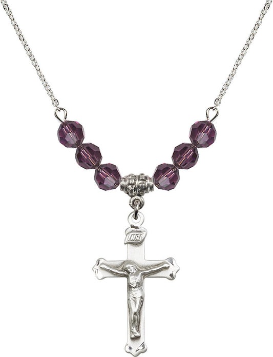 Sterling Silver Crucifix Birthstone Necklace with Amethyst Beads - 0651