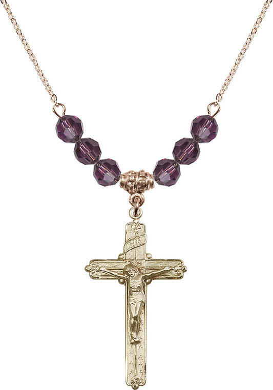 14kt Gold Filled Crucifix Birthstone Necklace with Amethyst Beads - 0655