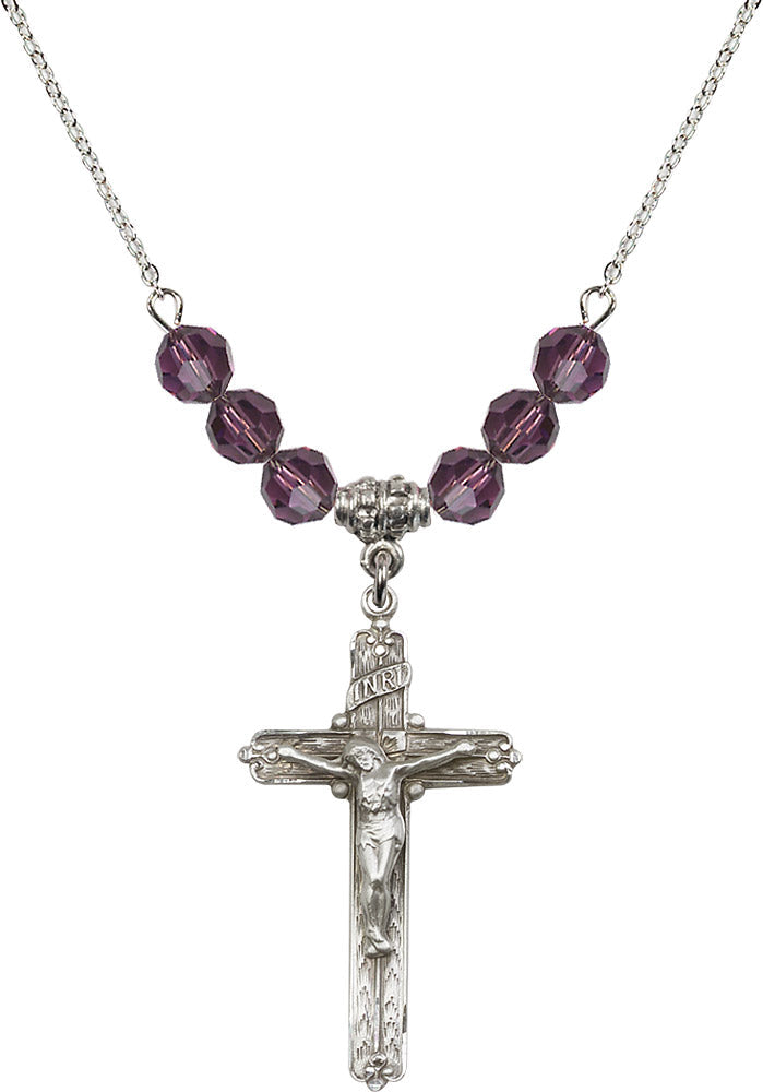 Sterling Silver Crucifix Birthstone Necklace with Amethyst Beads - 0655