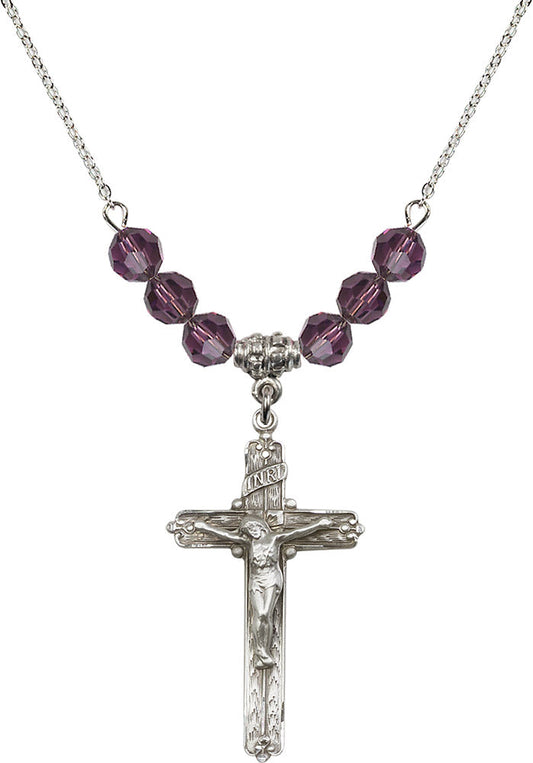 Sterling Silver Crucifix Birthstone Necklace with Amethyst Beads - 0655