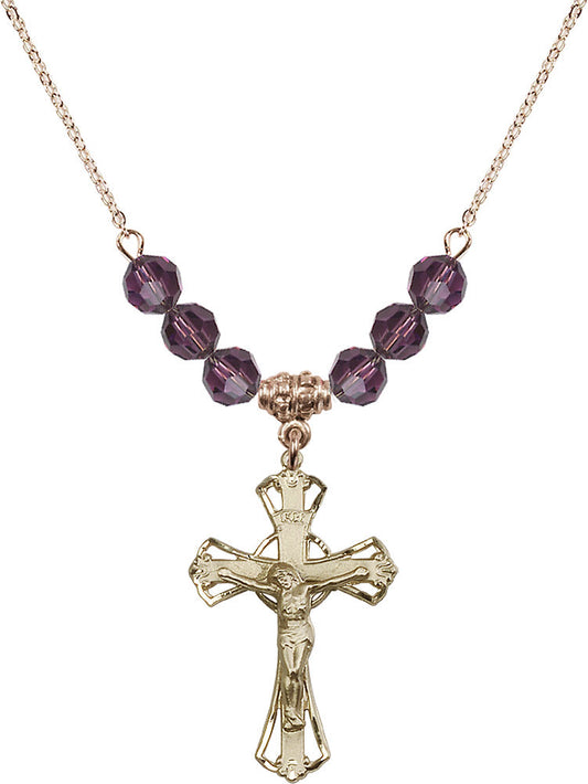 14kt Gold Filled Crucifix Birthstone Necklace with Amethyst Beads - 0659