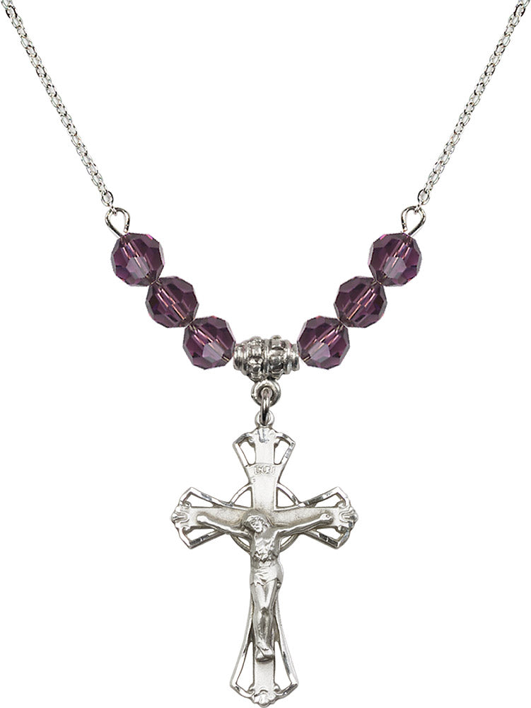 Sterling Silver Crucifix Birthstone Necklace with Amethyst Beads - 0659