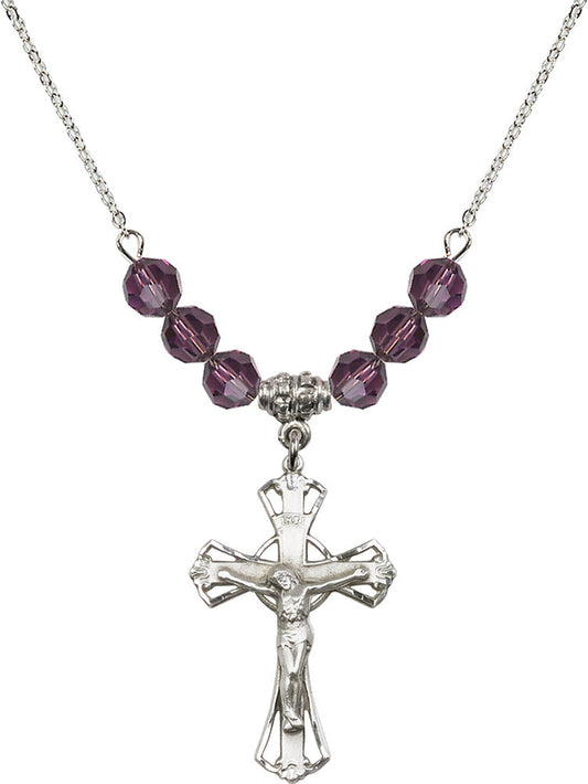 Sterling Silver Crucifix Birthstone Necklace with Amethyst Beads - 0659