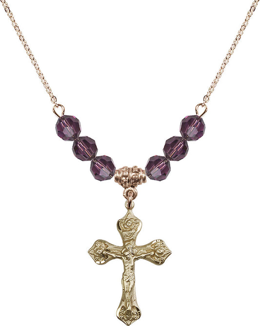 14kt Gold Filled Crucifix Birthstone Necklace with Amethyst Beads - 0662