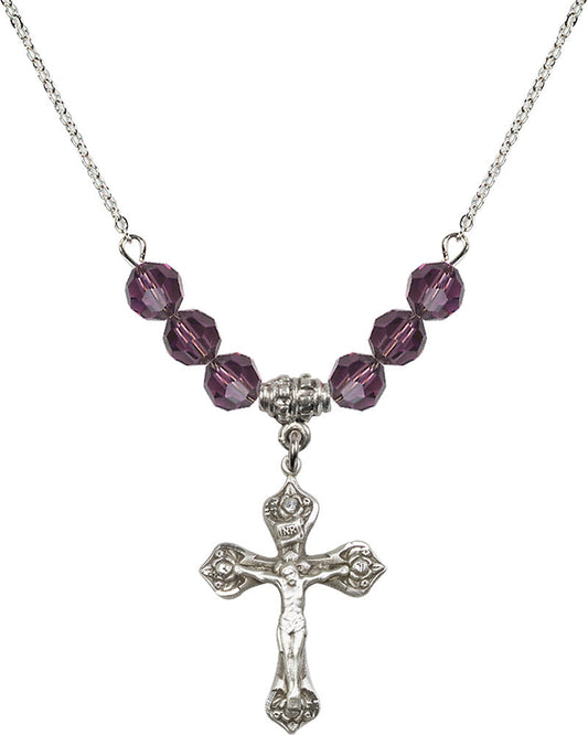 Sterling Silver Crucifix Birthstone Necklace with Amethyst Beads - 0662