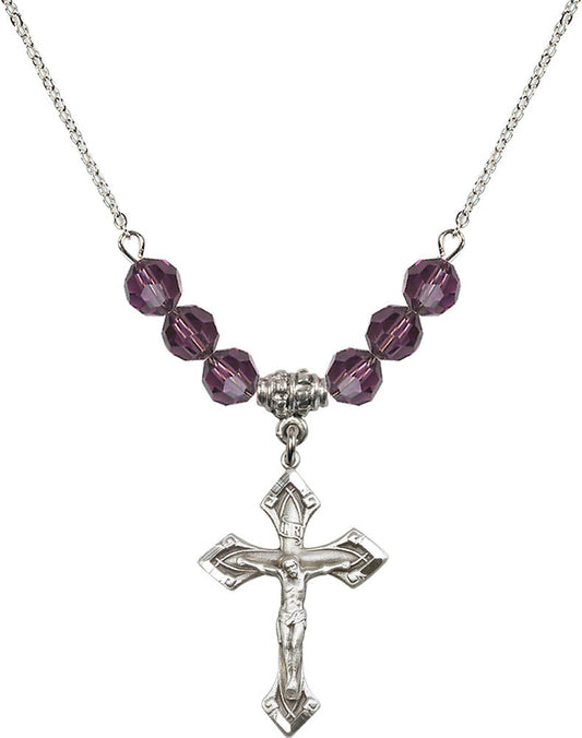 Sterling Silver Crucifix Birthstone Necklace with Amethyst Beads - 0663