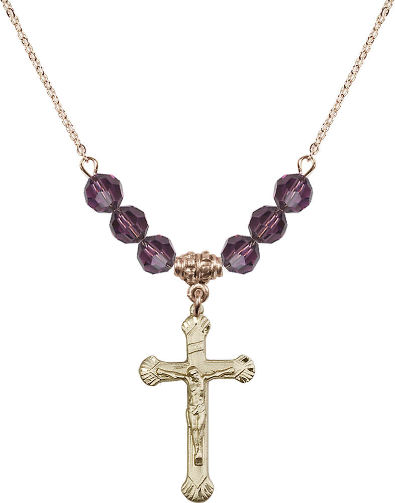 14kt Gold Filled Crucifix Birthstone Necklace with Amethyst Beads - 0664