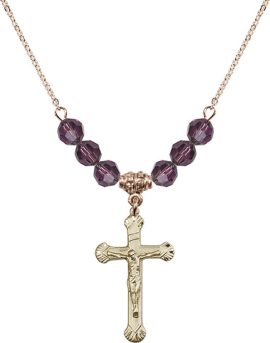 14kt Gold Filled Crucifix Birthstone Necklace with Amethyst Beads - 0664