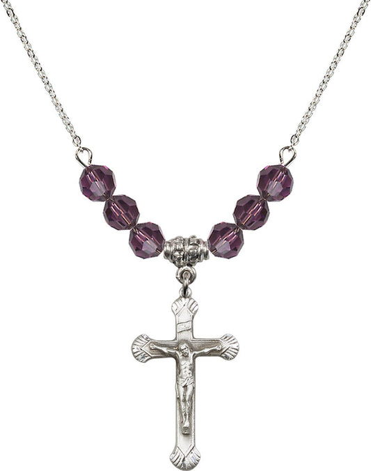 Sterling Silver Crucifix Birthstone Necklace with Amethyst Beads - 0664