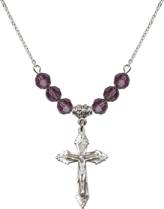 Sterling Silver Crucifix Birthstone Necklace with Amethyst Beads - 0665