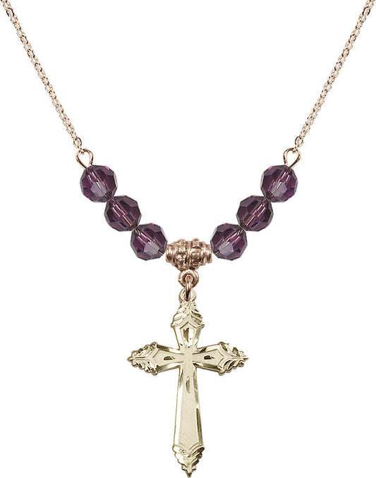 14kt Gold Filled Cross Birthstone Necklace with Amethyst Beads - 0665