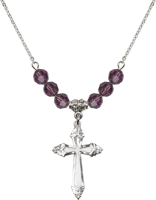 Sterling Silver Cross Birthstone Necklace with Amethyst Beads - 0665