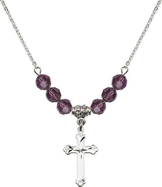 Sterling Silver Cross Birthstone Necklace with Amethyst Beads - 0667