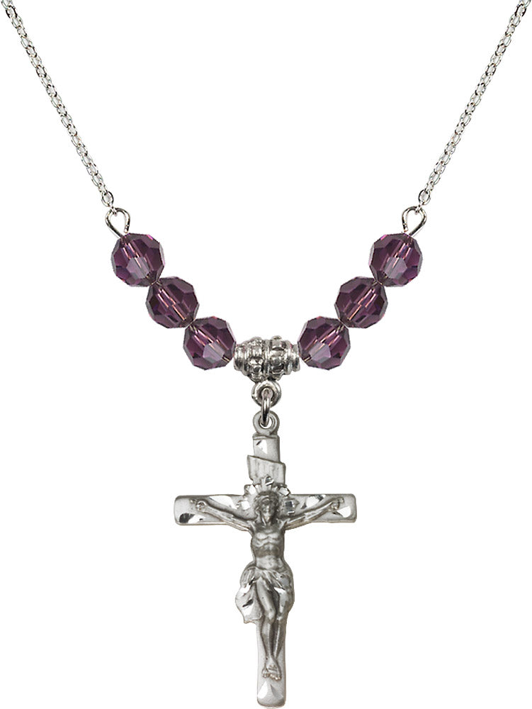 Sterling Silver Crucifix Birthstone Necklace with Amethyst Beads - 0668