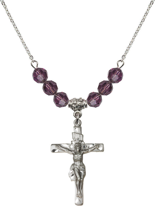 Sterling Silver Crucifix Birthstone Necklace with Amethyst Beads - 0668