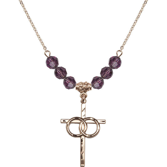 14kt Gold Filled Wedding Rings Cross Birthstone Necklace with Amethyst Beads - 0671