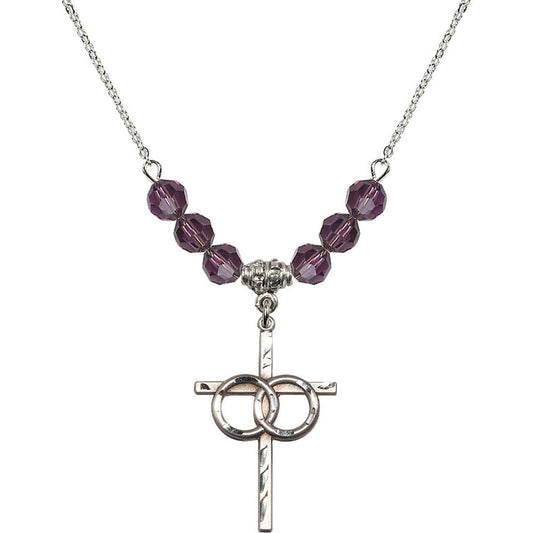 Sterling Silver Wedding Rings Cross Birthstone Necklace with Amethyst Beads - 0671