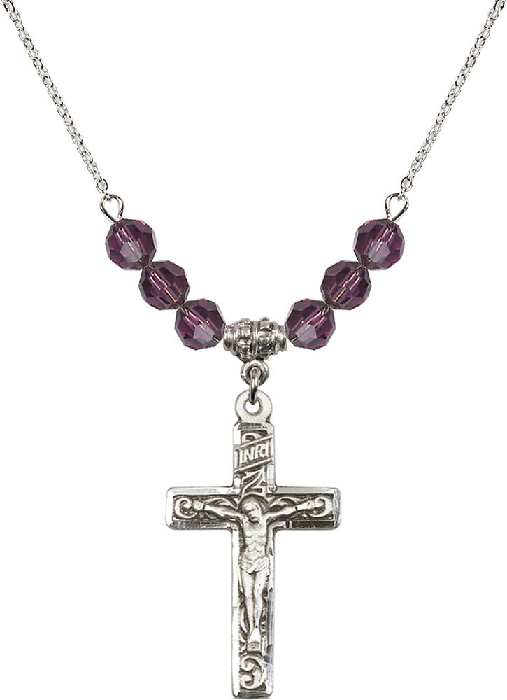 Sterling Silver Crucifix Birthstone Necklace with Amethyst Beads - 0674