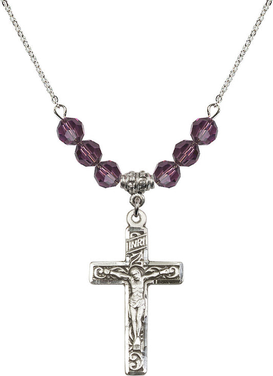 Sterling Silver Crucifix Birthstone Necklace with Amethyst Beads - 0674