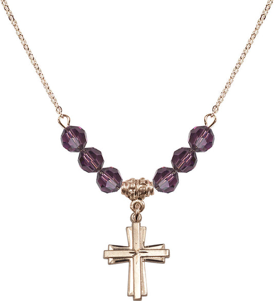 14kt Gold Filled Cross Birthstone Necklace with Amethyst Beads - 0675