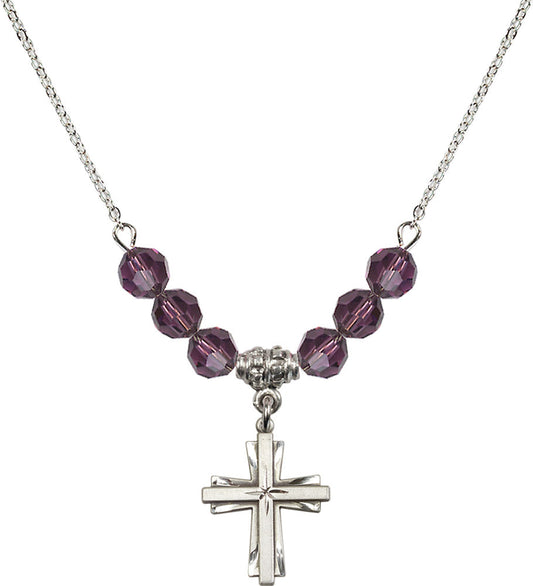 Sterling Silver Cross Birthstone Necklace with Amethyst Beads - 0675