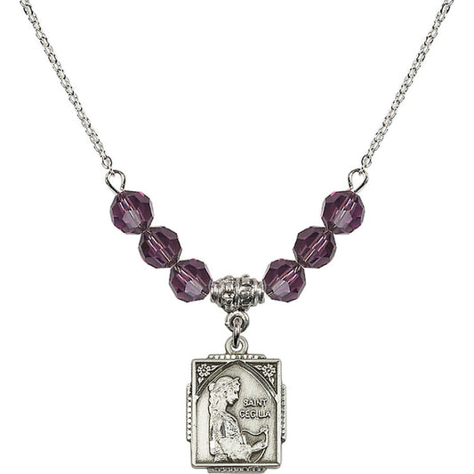 Sterling Silver Saint Cecilia Birthstone Necklace with Amethyst Beads - 0804