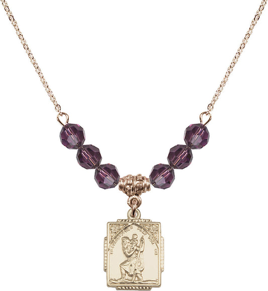 14kt Gold Filled Saint Christopher Birthstone Necklace with Amethyst Beads - 0804