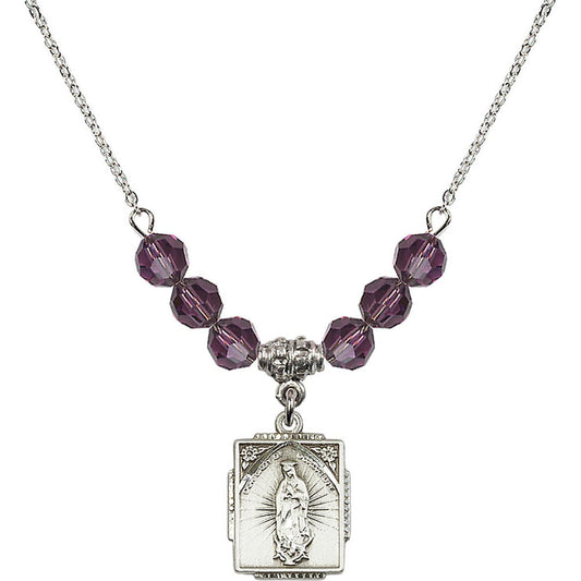 Sterling Silver Our Lady of Guadalupe Birthstone Necklace with Amethyst Beads - 0804