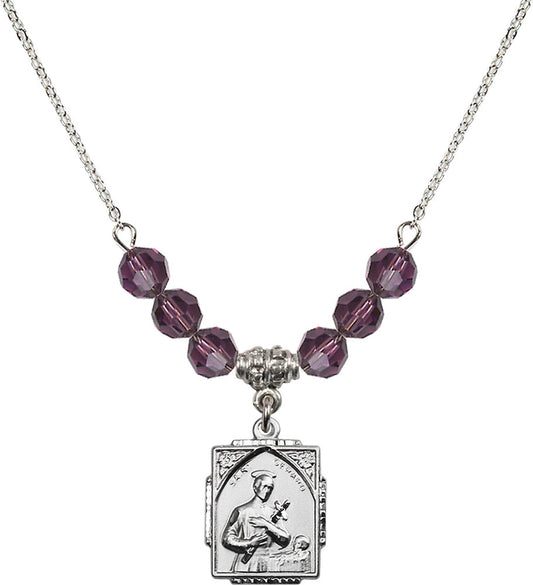 Sterling Silver Saint Gerard Birthstone Necklace with Amethyst Beads - 0804
