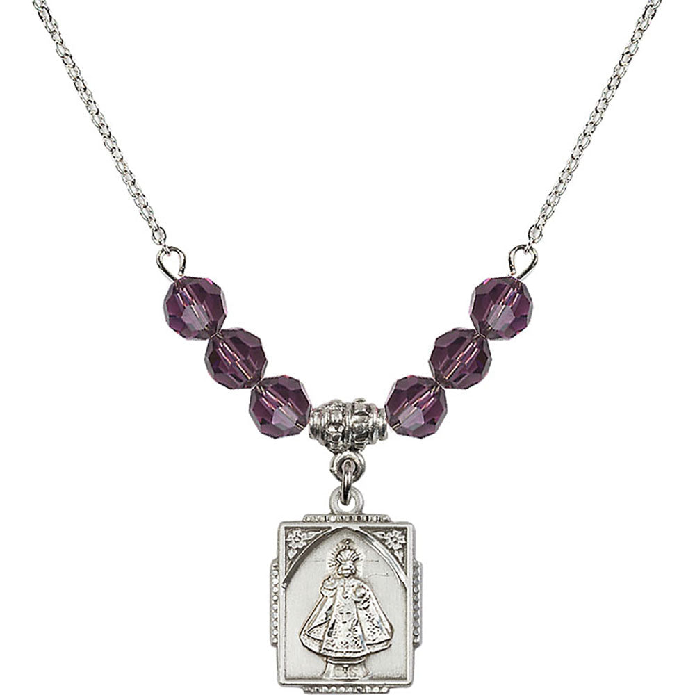 Sterling Silver Infant of Prague Birthstone Necklace with Amethyst Beads - 0804