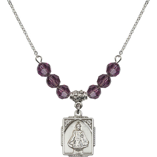Sterling Silver Infant of Prague Birthstone Necklace with Amethyst Beads - 0804