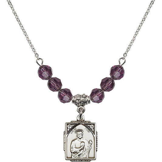 Sterling Silver Saint Jude Birthstone Necklace with Amethyst Beads - 0804