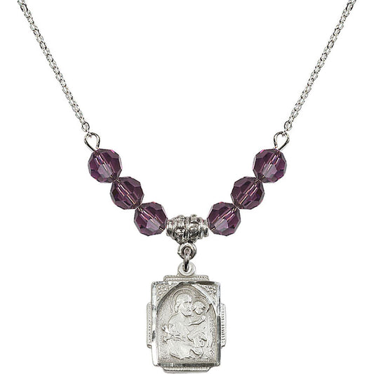 Sterling Silver Saint Joseph Birthstone Necklace with Amethyst Beads - 0804