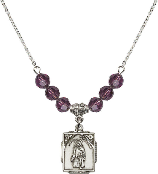 Sterling Silver Saint Peregrine Birthstone Necklace with Amethyst Beads - 0804
