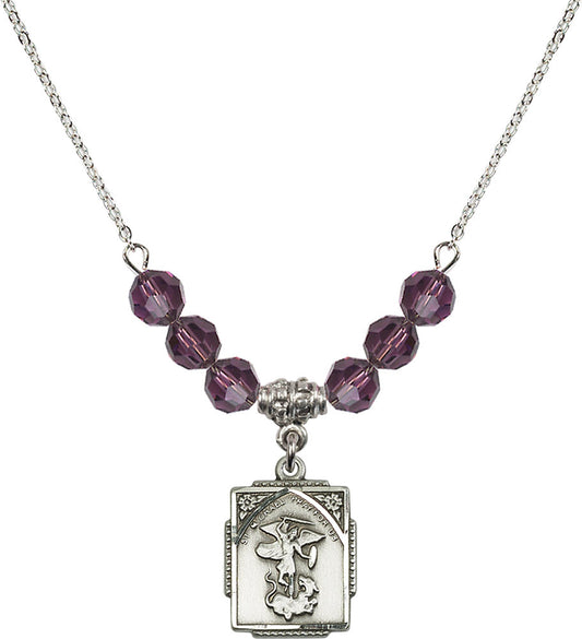 Sterling Silver Saint Michael the Archangel Birthstone Necklace with Amethyst Beads - 0804