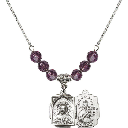 Sterling Silver Scapular Birthstone Necklace with Amethyst Beads - 0804