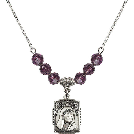 Sterling Silver Saint Teresa of Calcutta Birthstone Necklace with Amethyst Beads - 0804
