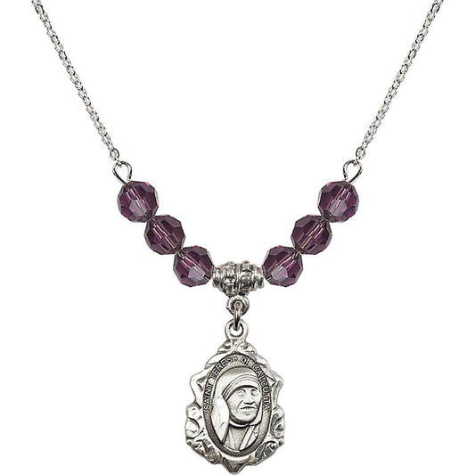 Sterling Silver Saint Teresa of Calcutta Birthstone Necklace with Amethyst Beads - 0812