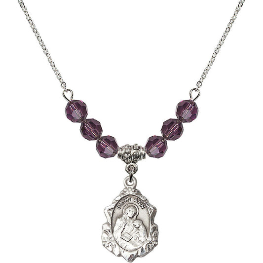 Sterling Silver Saint Ann Birthstone Necklace with Amethyst Beads - 0822