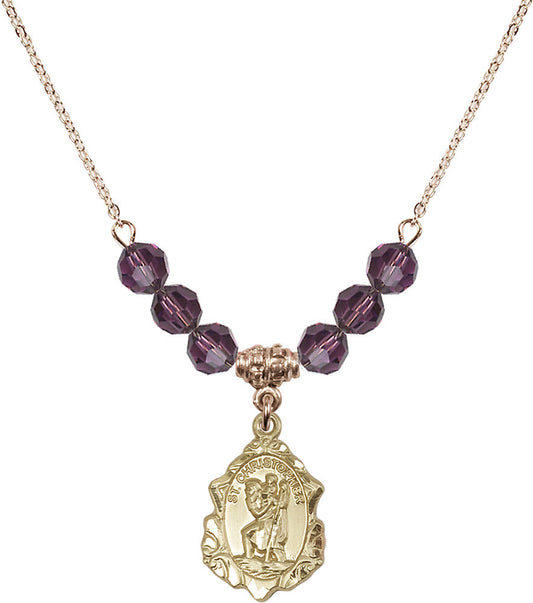 14kt Gold Filled Saint Christopher Birthstone Necklace with Amethyst Beads - 0822