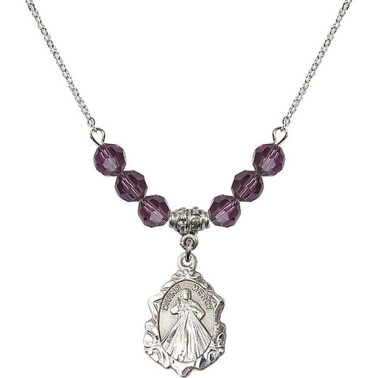 Sterling Silver Divine Mercy Birthstone Necklace with Amethyst Beads - 0822