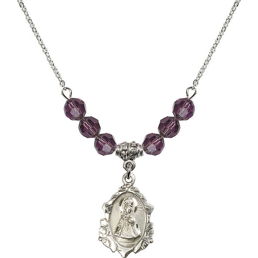 Sterling Silver Infant of Prague Birthstone Necklace with Amethyst Beads - 0822
