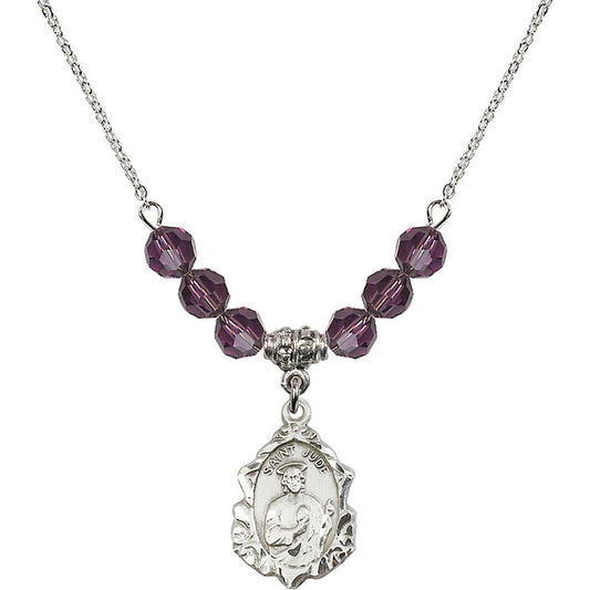 Sterling Silver Saint Jude Birthstone Necklace with Amethyst Beads - 0822