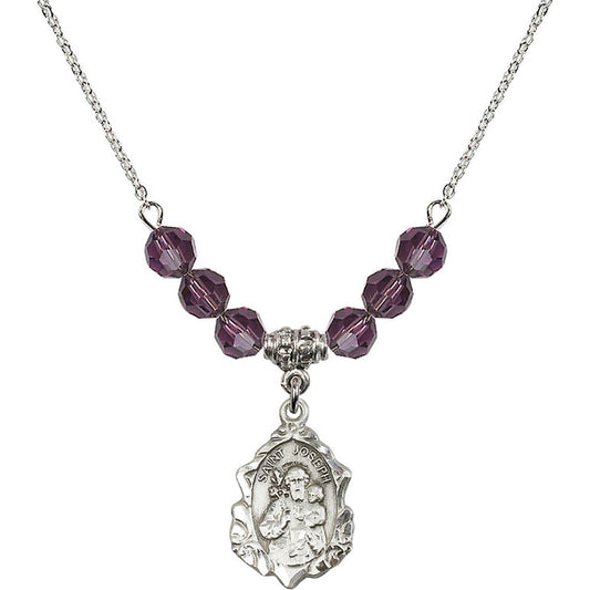 Sterling Silver Saint Joseph Birthstone Necklace with Amethyst Beads - 0822