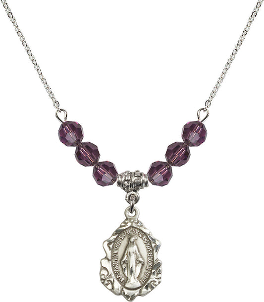 Sterling Silver Miraculous Birthstone Necklace with Amethyst Beads - 0822